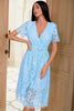 Load image into Gallery viewer, V Neck Mid Length Light Blue Lace Party Dress with Button