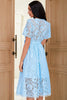 Load image into Gallery viewer, V Neck Mid Length Light Blue Lace Party Dress with Button