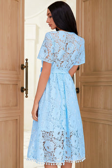 V Neck Mid Length Light Blue Lace Party Dress with Button