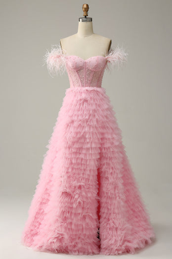 A Line Off the Shoulder Pink Corset Prom Dress with Ruffled Feathers