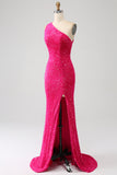 Sparkly Mermaid One Shoulder Fuchsia Sequins Long Prom Dress with Slit
