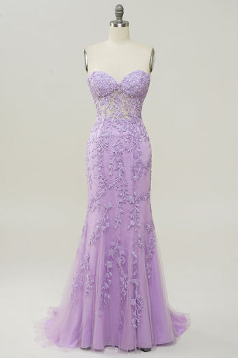 Sweetheart Neck Mermaid Long Purple Prom Dress With Appliques