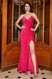 Sparkly Hot Pink Mermaid Spaghetti Straps V-Neck Sequin Long Prom Dress With Split