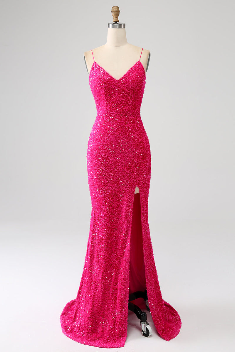 Load image into Gallery viewer, Sparkly Hot Pink Mermaid Spaghetti Straps V-Neck Sequin Long Prom Dress With Split
