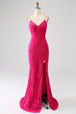 Sparkly Hot Pink Mermaid Spaghetti Straps V-Neck Sequin Long Prom Dress With Split