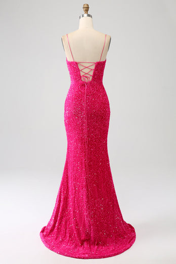 Sparkly Hot Pink Mermaid Spaghetti Straps V-Neck Sequin Long Prom Dress With Split