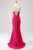 Load image into Gallery viewer, Fuchsia Mermaid Spaghetti Straps V-Neck Sequin Prom Dress With Split