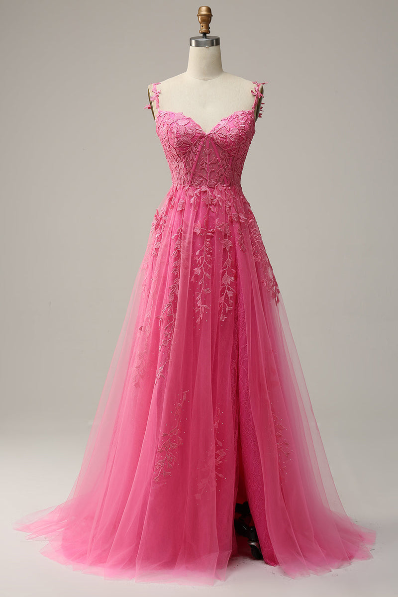 Load image into Gallery viewer, A Line Off the Shoulder Hot Pink Long Prom Dress with Appliques