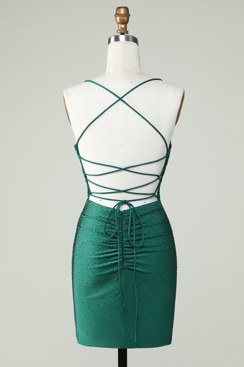 Load image into Gallery viewer, Sheath Spaghetti Straps Dark Green Short Homecoming Dress with Beading