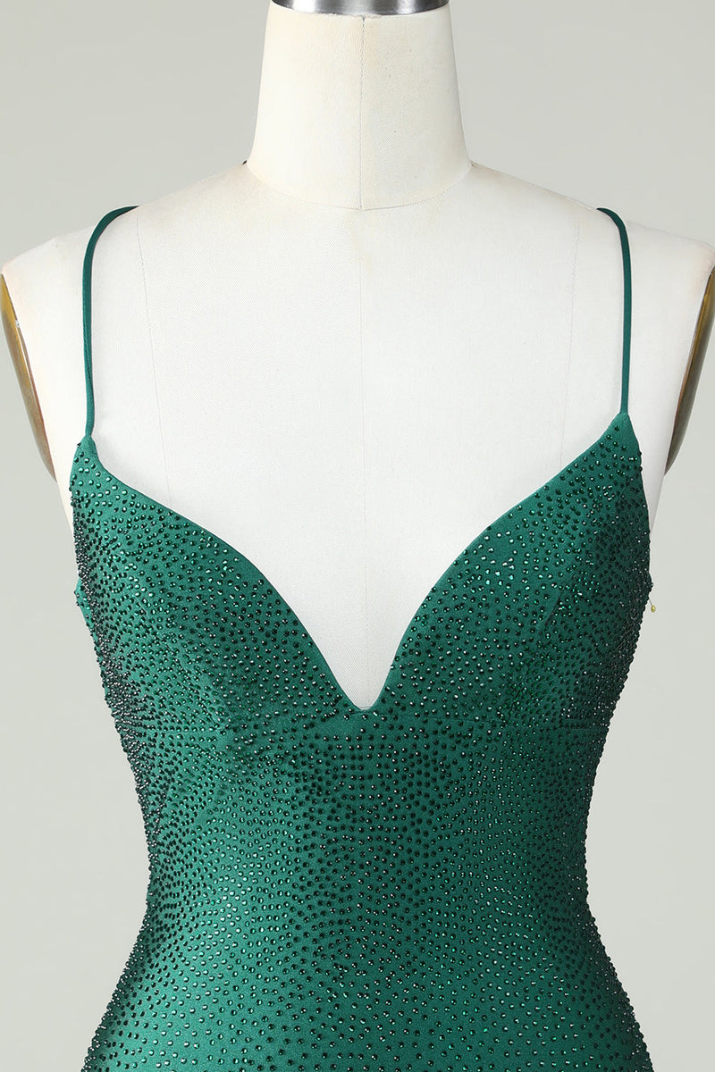 Load image into Gallery viewer, Sheath Spaghetti Straps Dark Green Short Homecoming Dress with Beading