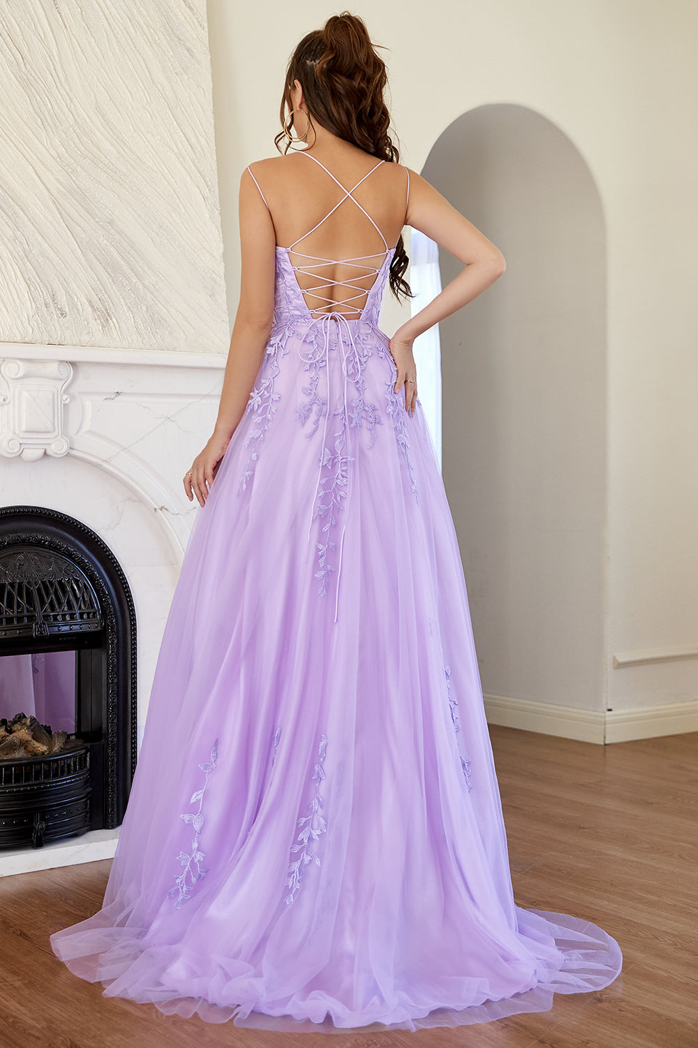 ZAPAKA Women Lavender Prom Dress Purple Tulle A-line Spaghetti