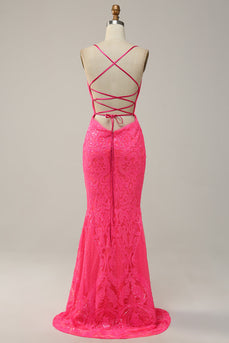 Mermaid Spaghetti Straps Sequined Hot Pink Long Prom Dress