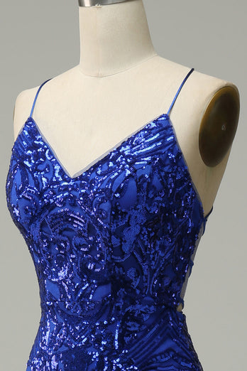 Mermaid Spaghetti Straps Royal Blue Sequins Long Prom Dress with Criss Cross Back