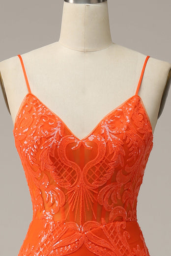 Mermaid Spaghetti Straps Orange Long Prom Dress with Split Front