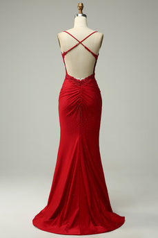 Mermaid Halter Dark Red Prom Dress with Appliques