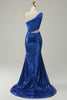 Load image into Gallery viewer, Mermaid One Shoulder Royal Blue Sequins Cut Out Prom Dress with Split Front