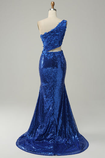 Mermaid One Shoulder Royal Blue Sequins Cut Out Prom Dress with Split Front