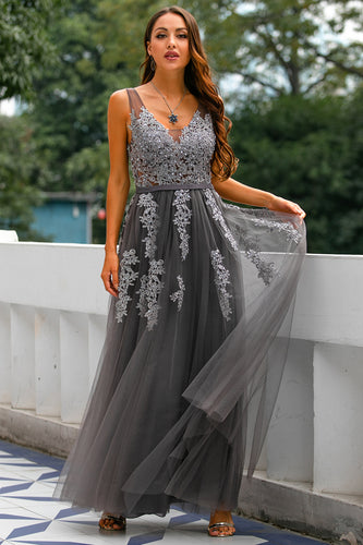 Grey Tulle Prom Dress with Appliques