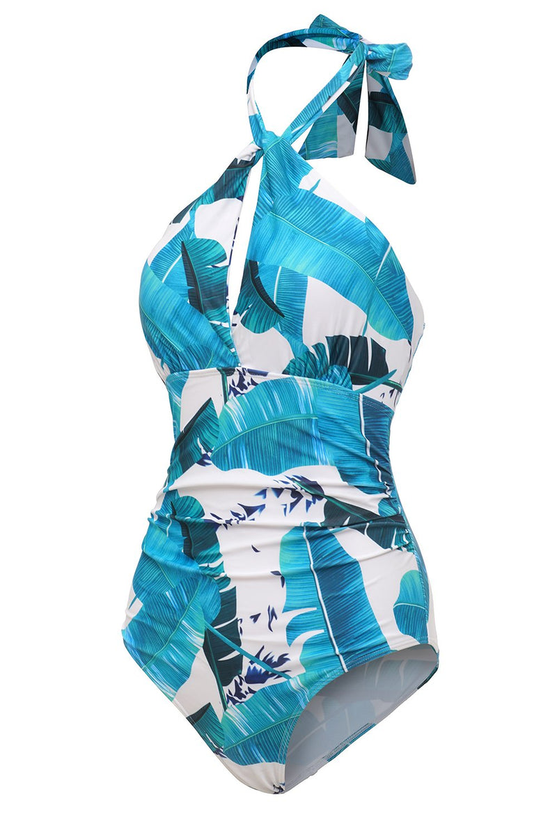 Load image into Gallery viewer, Blue Halter Printed Swimwear with Keyhole