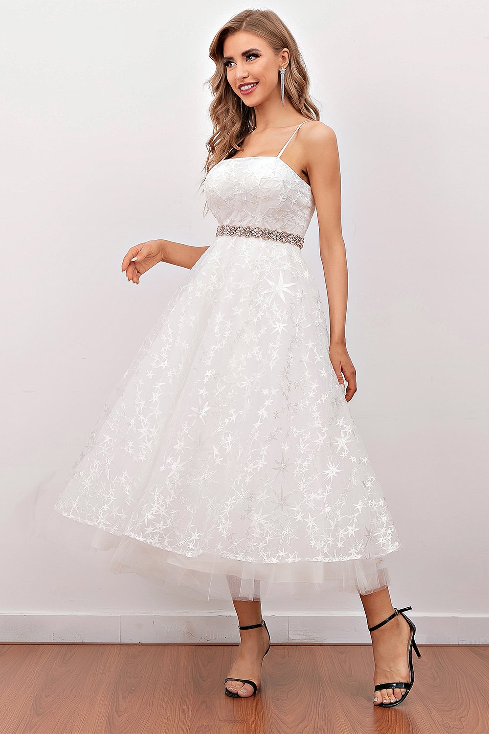 White Lace Midi Prom Dress(Belt Not Included)