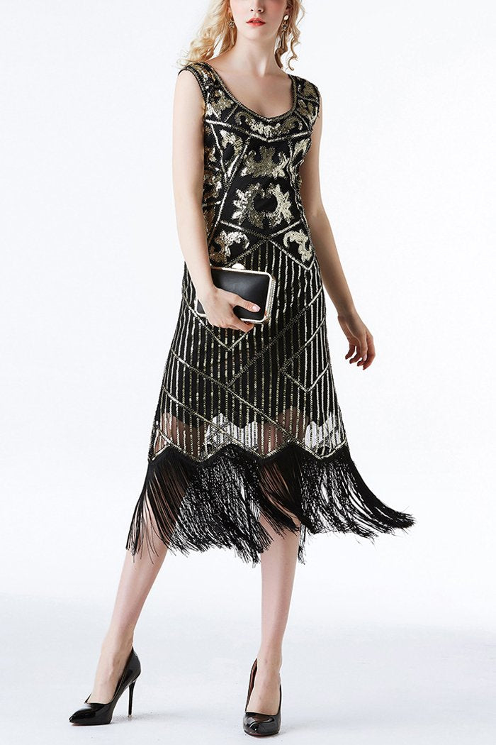 Load image into Gallery viewer, 1920s Black Sequins Flapper Tea-Length Dress