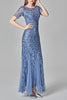 Load image into Gallery viewer, Mermaid Short Sleeves Blue Prom Dress