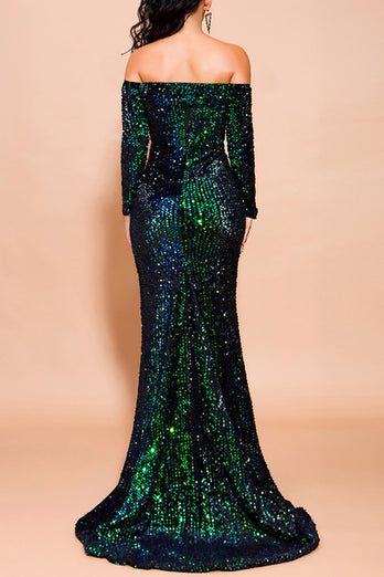 Green Mermaid Sequin Long Prom Dress with Sleeves