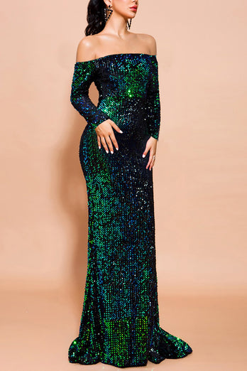Green Mermaid Sequin Long Prom Dress with Sleeves