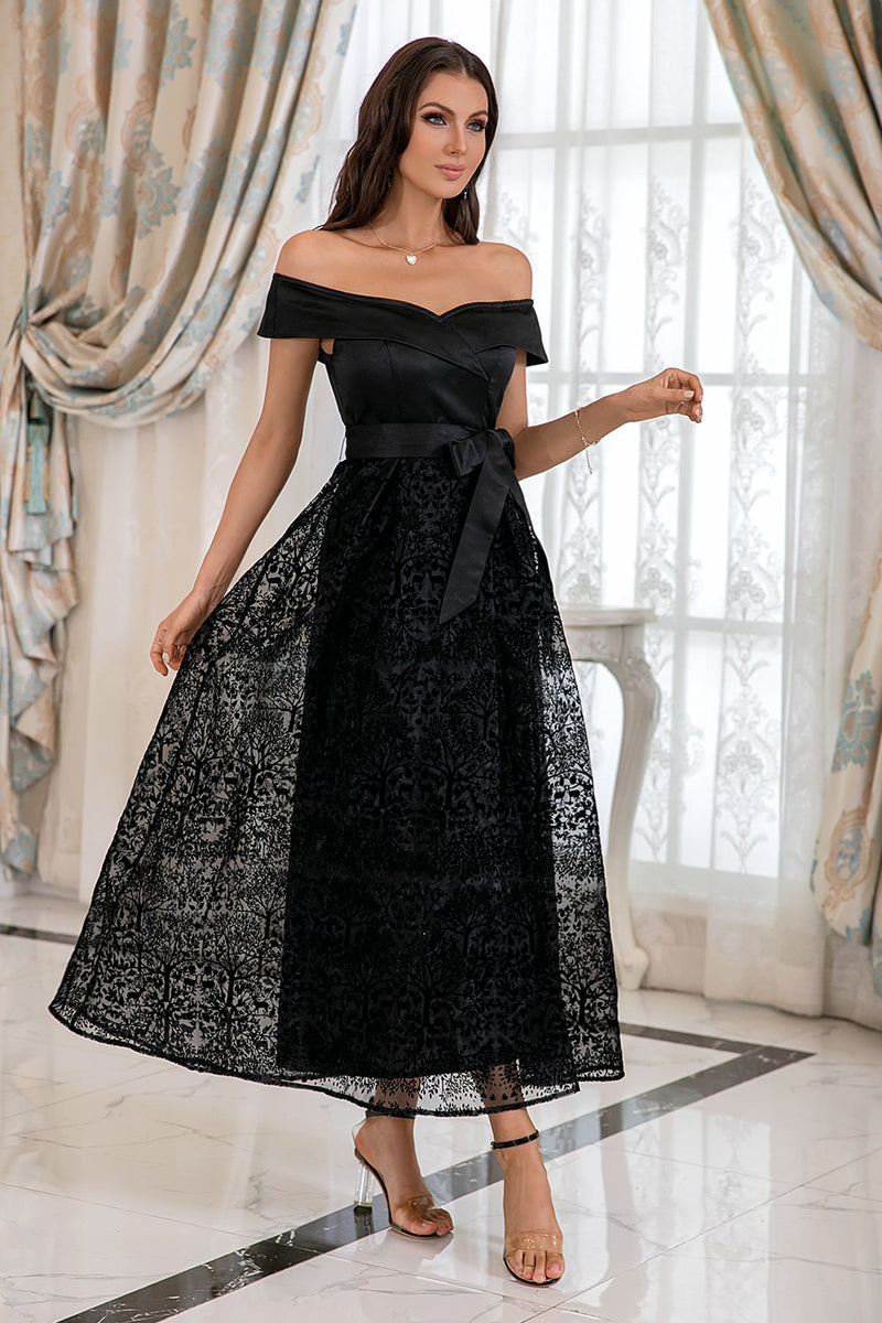 Load image into Gallery viewer, Black Off Shoulder Lace Prom Dress