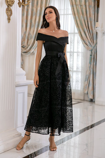 Black Off Shoulder Lace Prom Dress