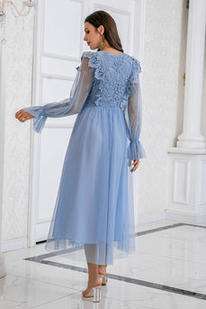 Blue Long Sleeves Tulle Prom Dress