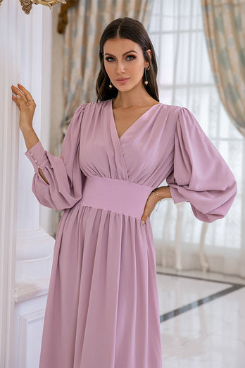 Blush Long Sleeves V Neck Mother Dress