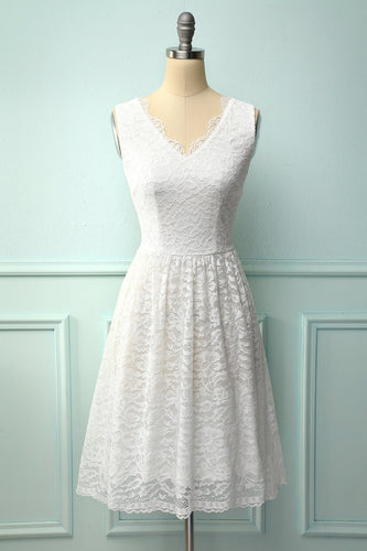 White V-Neck Formal Lace Dress