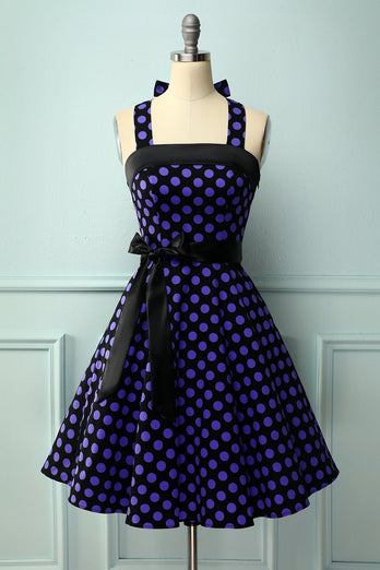 Black Purple Dots Halter Pinup Dress
