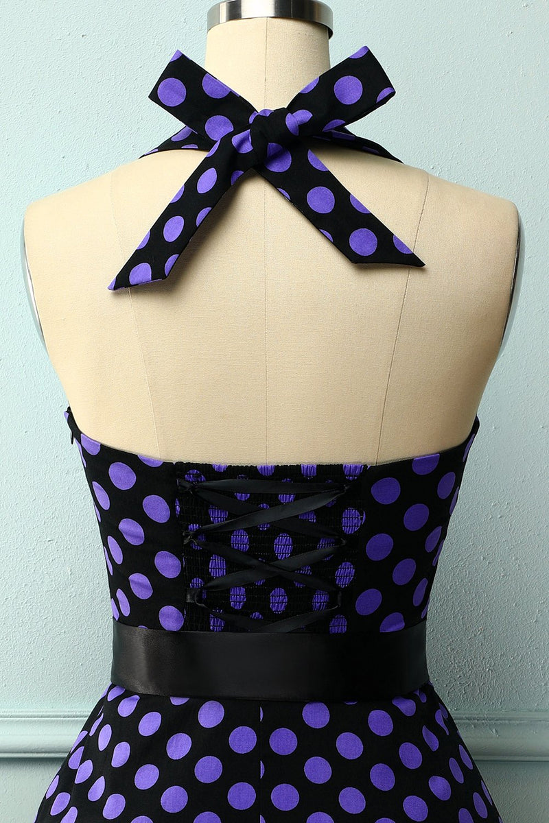 Load image into Gallery viewer, Black Purple Dots Halter Pinup Dress