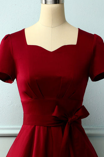 Burgundy Asymmetrical Neck Dress(BELT IS NOT INCLUDED)