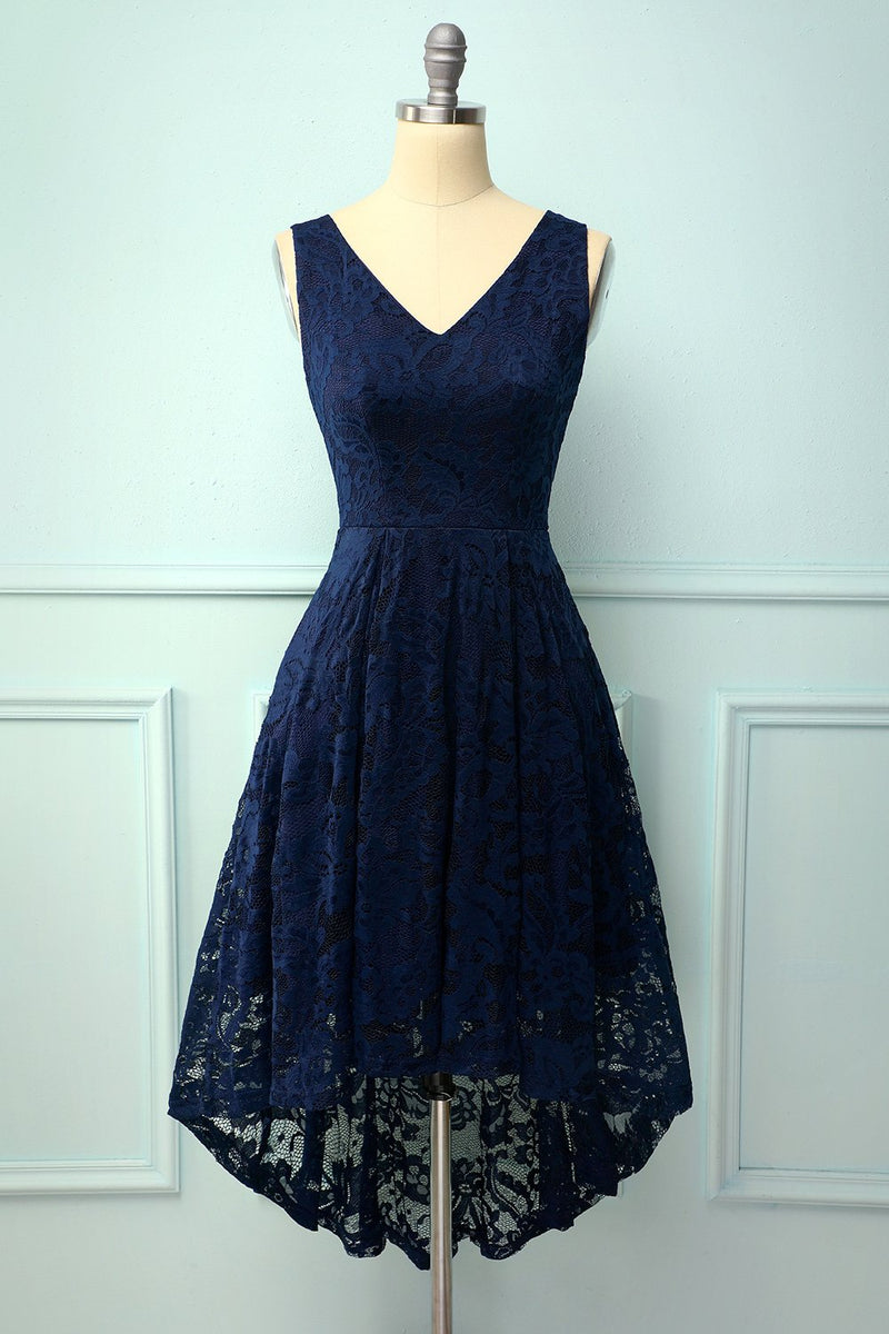 Load image into Gallery viewer, Navy Lace Asymmetrical Dress