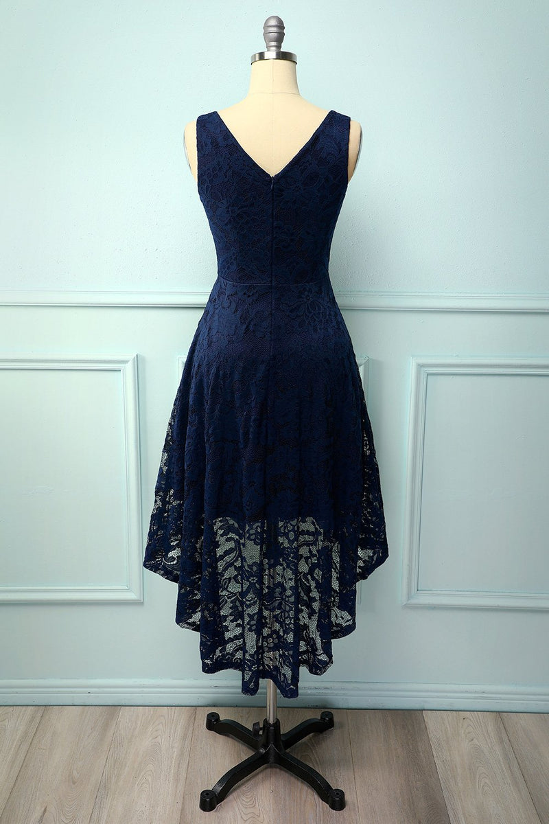Load image into Gallery viewer, Navy Lace Asymmetrical Dress