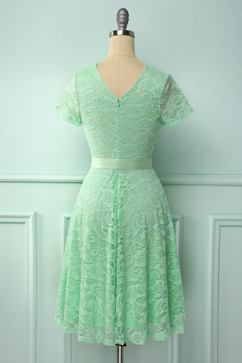 Mint Green Short Sleeves Lace Dress
