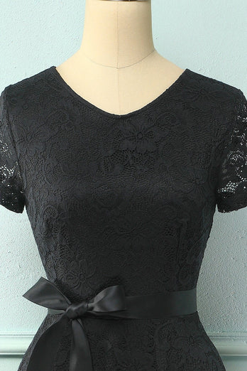 Black Short Sleeves Lace Dress