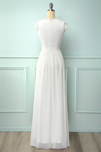 V-neck White Long Bridesmaid Dress