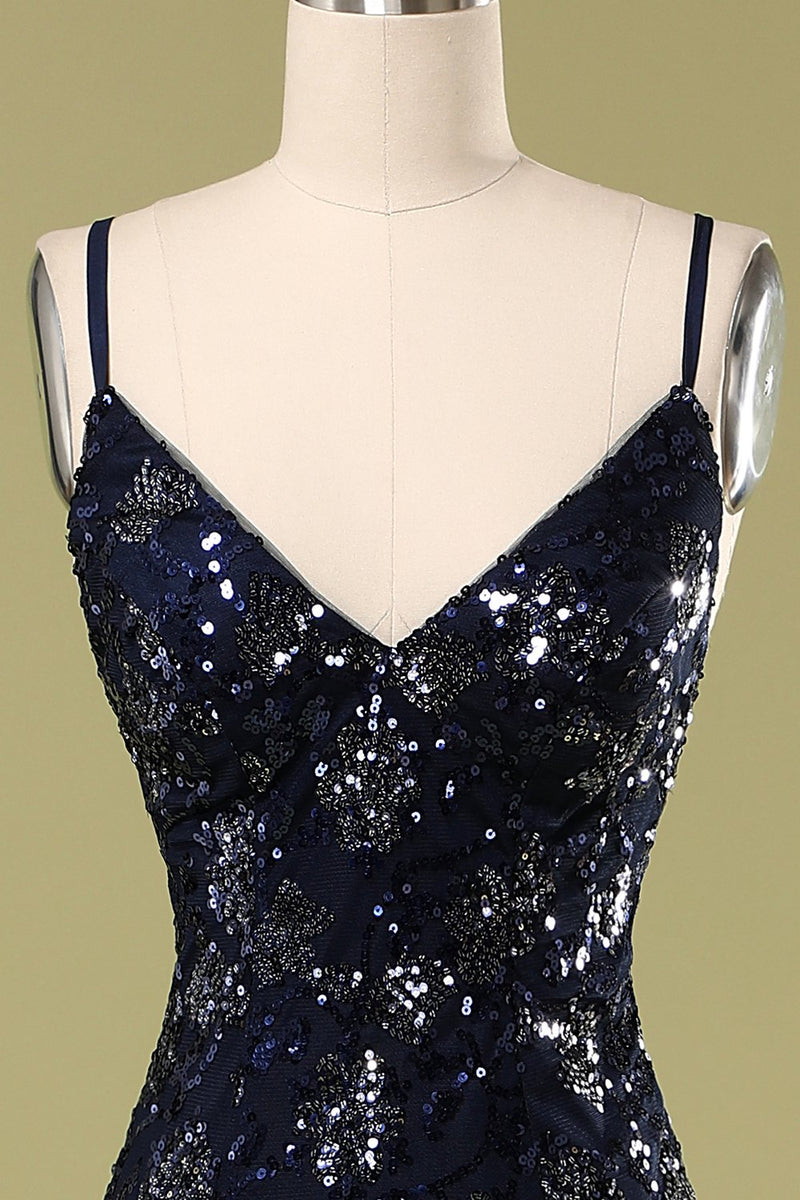 Zapaka Prom Dress Mermaid Navy Spaghetti Straps Backless Beaded Sequin ...