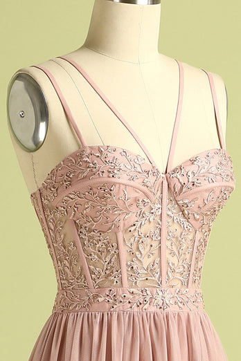 Pink Split Front Spaghetti Straps Prom Dress