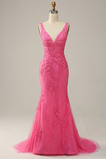 Mermaid Deep V Neck Hot Pink Long Prom Dress with Open Back