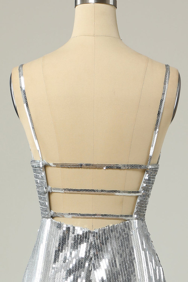 Load image into Gallery viewer, Mermaid Spaghetti Straps Silver Sequins Long Prom Dress Backless