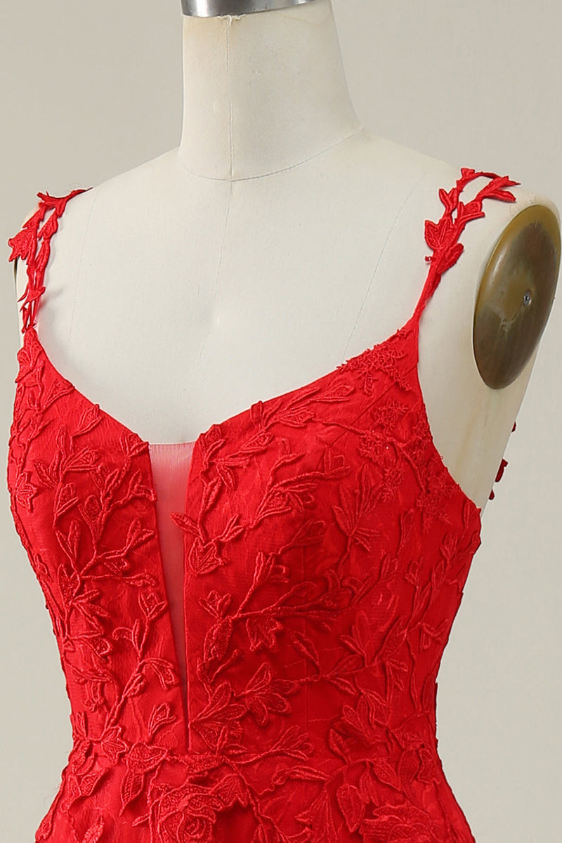 Load image into Gallery viewer, A Line Spaghetti Straps Red Long Prom Dress with Appliques