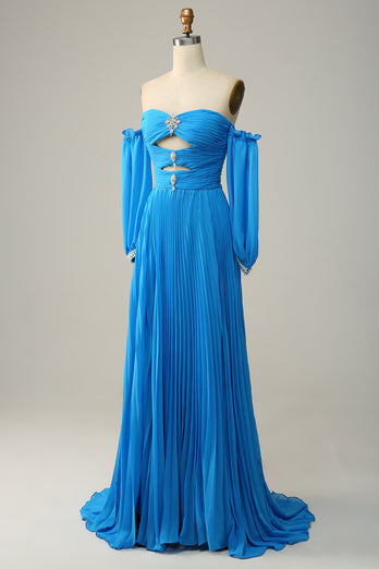 A Line Off the Shoulder Blue Long Prom Dress With Beading
