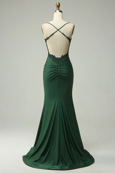 Mermaid Halter Dark Green Long Prom Dress with Appliques Beading