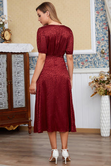 Burgundy/Ivory V Neck Wedding Guest Dress