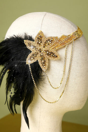 1920s Black Feather Beaded Headband